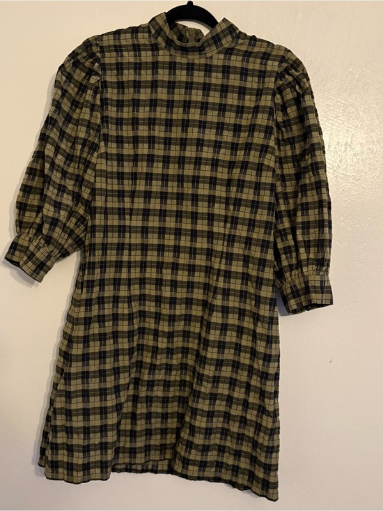 Ganni Dresses & Skirts - Ganni Olive Green and Black Plaid High-Neck Dress